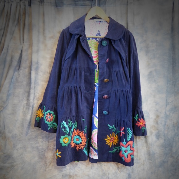 Judith March Navy Embroidered Coat Size L - Picture 1 of 6